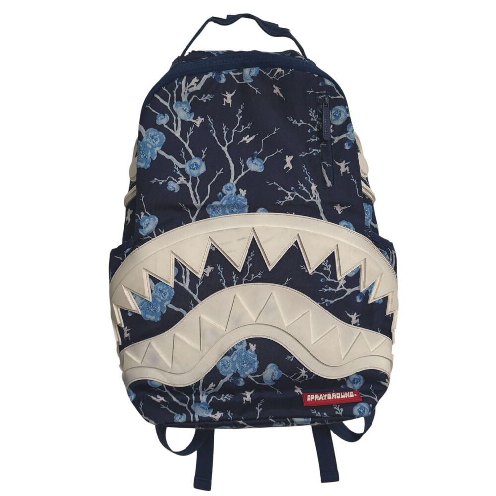 Sprayground Cherry Blossom Rubber Shark Backpack Navy Blue White Rare